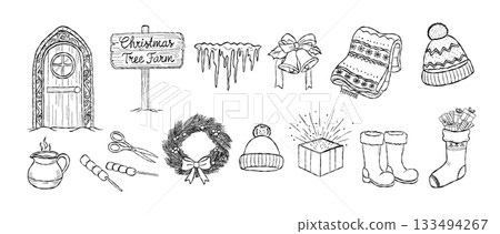 Hand drawn Christmas doodle set with cozy winter elements, vintage festive holiday illustrations, gifts, wreath, warm clothing and seasonal decorations Hand drawn Christmas doodle set with cozy winter elements, vintage festive holiday illustrations, gifts, wreath, warm clothing and seasonal decorations 133494267