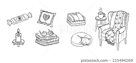 Cozy winter hygge elements hand drawn illustration, warm home decor, blankets, books, candle, sweets, comfy chair, relaxing seasonal doodle art 133494269