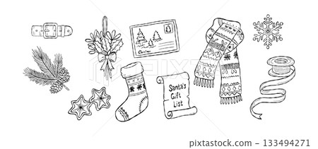 Hand drawn cozy Christmas elements with holiday stockings, scarf, holly, snowflake, ribbon and festive winter details illustration 133494271