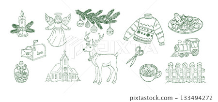 Hand drawn Christmas doodles with reindeer, angel, festive decorations, holiday cookies, sweater, winter elements, cozy vintage sketch illustration 133494272