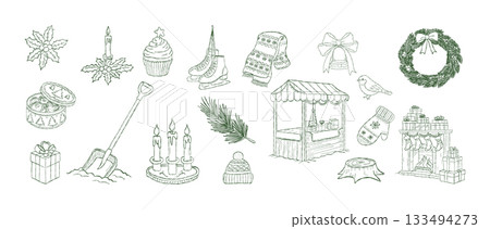 Hand drawn Christmas market illustration set with winter holiday elements, cozy vintage festive decor, candles, cupcakes, wreaths, gifts and snow season details 133494273