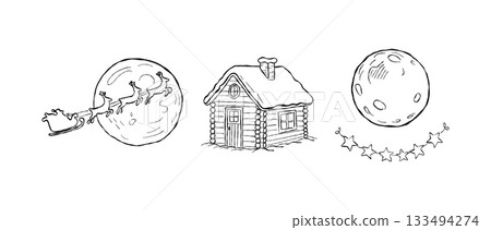 Hand drawn Christmas moon night scene with Santa sleigh flying across the sky, snowy log cabin and festive winter stars in a magical peaceful holiday illustration Hand drawn Christmas moon night scene with Santa sleigh flying across the sky, snowy log cabin and festive winter stars in a magical peaceful holiday illustration 133494274