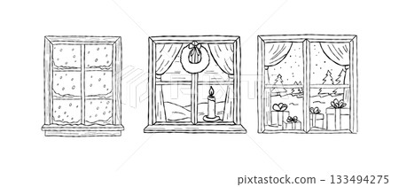 Cozy Christmas window scenes with snow, gifts, candlelight and winter landscapes. Hand-drawn holiday illustrations for festive cards, invitations and decor Cozy Christmas window scenes with snow, gifts, candlelight and winter landscapes. Hand-drawn holiday illustrations for festive cards, invitations and decor 133494275