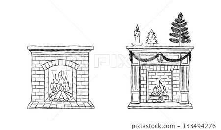 Hand drawn cozy Christmas fireplaces with burning fire, holiday garlands, candles and festive decor. Vintage rustic winter home interior sketch illustration Hand drawn cozy Christmas fireplaces with burning fire, holiday garlands, candles and festive decor. Vintage rustic winter home interior sketch illustration 133494276