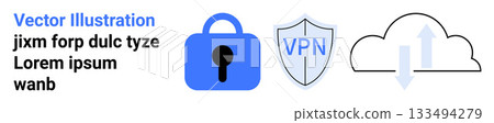 Blue padlock, VPN shield, and cloud with up and down arrows for internet safety. Ideal for cyber security, data protection, VPN services, cloud storage, technology services, online privacy, IT 133494279
