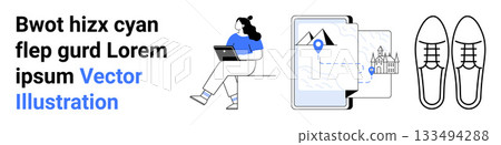 Person with laptop sitting cross-legged, tablet with travel map and location pins, pair of shoes beside. Ideal for tech, travel planning, remote work, adventure, navigation, nomads, tourism. Landing Person with laptop sitting cross-legged, tablet with travel map and location pins, pair of shoes beside. Ideal for tech, travel planning, remote work, adventure, navigation, nomads, tourism. Landing 133494288