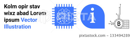 AI brain circuit in a blue microchip, blue information icon, black and white Bitcoin symbol on a circuit board. Ideal for technology, artificial intelligence, fintech, cryptocurrency, education 133494289