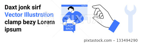 Person holding cashback sign inside browser window, hand gesture, and wrench tool. Ideal for marketing, e-commerce, customer service, promotions, tutorials, tool advertisements, instructional guides Person holding cashback sign inside browser window, hand gesture, and wrench tool. Ideal for marketing, e-commerce, customer service, promotions, tutorials, tool advertisements, instructional guides 133494290