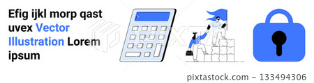 Abstract text alongside a calculator, people climbing stairs with a flag, and a lock. Ideal for finance, teamwork, achievement, security, business planning, growth, protection. Banner for landing 133494306