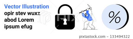 Lock with keyhole, man in blue hacking with pickaxe, large percentage symbol. Ideal for cybersecurity, data protection, hacking prevention, financial security, online safety, phishing alerts 133494322