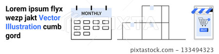 Monthly calendar with dates, bar chart representing data, shopping cart icon with BUY button. Ideal for e-commerce, sales, retail, analytics, business metrics, online stores, marketing presentations 133494323
