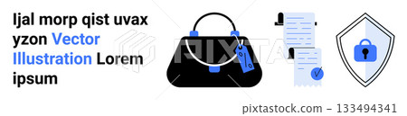 Purse with security tag, two documents with checkmarks, and a shield with lock symbol. Ideal for online shopping, e-commerce security, financial transactions, privacy protection, authentication Purse with security tag, two documents with checkmarks, and a shield with lock symbol. Ideal for online shopping, e-commerce security, financial transactions, privacy protection, authentication 133494341