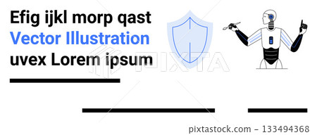 Futuristic robot pointing alongside a blue shield icon and placeholder text. Ideal for tech, cybersecurity, AI, robotics, innovation, futuristic themes, and digital transformations. Landing page 133494368