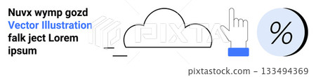 Cloud shape with a horizontal progress bar, a hand clicking icon, and a percentage symbol in a light blue circle. Ideal for technology, data, analytics, finance, presentations, cloud services, user 133494369