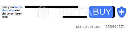 Blue BUY button with a shield and white cross icon representing security. Text section with placeholder text. Ideal for secure transactions, online stores, safety, purchase, e-commerce, landing 133494371