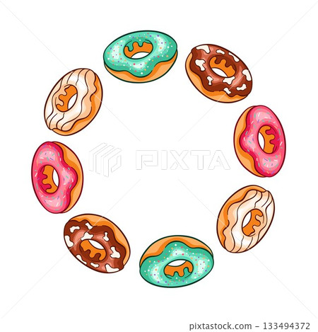 Wreath with glazed donut with various topping, pink, chocolate and mint green frosting with sprinkles in cartoon style. 133494372