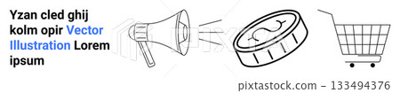 Megaphone loudspeaker projecting sound waves, coin with dollar symbol, and a shopping cart with text. Ideal for e-commerce, digital marketing, sales promotion, retail business, economics, financial Megaphone loudspeaker projecting sound waves, coin with dollar symbol, and a shopping cart with text. Ideal for e-commerce, digital marketing, sales promotion, retail business, economics, financial 133494376