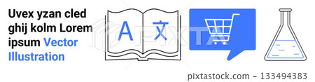 Book with letters, shopping cart icon inside a speech bubble, laboratory flask. Ideal for education, e-commerce, science, language learning, online shopping, research, academic content. Landing page 133494383