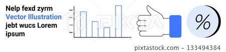 Bar graph with different heights, thumbs up icon with a blue wristband, and circular percentage symbol. Ideal for data analysis, statistics, approval ratings, infographic design, marketing, financial 133494384