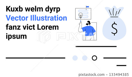 Light bulb, money bag, person analyzing a chart, various text elements. Ideal for business planning, financial strategy, digital marketing, startup funding, data analysis, innovation, project Light bulb, money bag, person analyzing a chart, various text elements. Ideal for business planning, financial strategy, digital marketing, startup funding, data analysis, innovation, project 133494385
