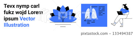 Text, lotus flower, lungs with diagnostics data, woman using laptop. Ideal for wellness, respiratory health, yoga lifestyle, remote education, online learning, vector graphics. Landing page 133494387