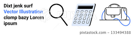 Magnifying glass, calculator, and handbag in minimalist design with text placeholder. Ideal for business, finance, education, shopping, online stores, search engines, corporate presentations. Landing 133494388