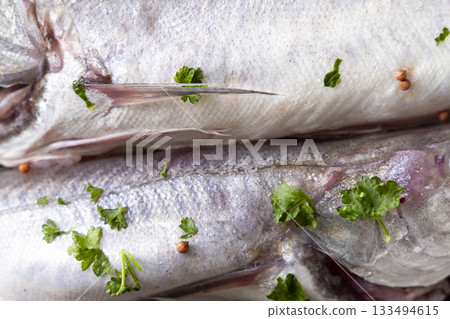 Fresh European hake fish with parsley and pepper, Raw uncooked Merluccius merluccius topview 133494615