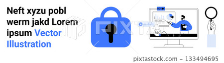 Lock symbol, magnifying glass, and computer screen with professionals analyzing data charts and graphs. Ideal for cybersecurity, data protection, online privacy, data analysis, IT services, web 133494695