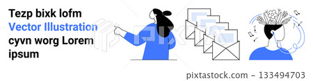 Woman pointing at text, stack of emails, person with music and ideas emerging from head. Ideal for communication, email marketing, creativity, brainstorming, mental health, organization Woman pointing at text, stack of emails, person with music and ideas emerging from head. Ideal for communication, email marketing, creativity, brainstorming, mental health, organization 133494703