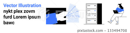 Text Vector Illustration and placeholder text, hand receiving card, server stack, person on laptop. Ideal for technology, data management, security, web development, user interaction, IT Text Vector Illustration and placeholder text, hand receiving card, server stack, person on laptop. Ideal for technology, data management, security, web development, user interaction, IT 133494708