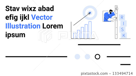 Text with blue accents, bar graph with target, person analyzing risks, minimalist design. Ideal for business analysis, risk assessment, financial planning, marketing strategies, data presentation 133494714