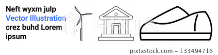 Wind turbine, classical building, modern transportation concept in minimalist line art. Ideal for sustainability, architecture, eco-friendly, technology, futuristic transport, renewable energy 133494716