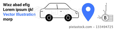 Car, blue location pin, circuit with Bitcoin symbol. Ideal for travel, navigation, automotive, cryptocurrency, digital marketing, technology, informational content Landing page 133494725