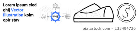 Gear icon with WMS, house, globe, shoe, and dollar sign. Ideal for factory organization, logistics optimization, e-commerce operations, inventory control, order fulfillment, industrial automation 133494726