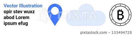 Blue location pin, light grey cloud, and Bitcoin symbol in a circle. Ideal for technology, cryptocurrency, weather, navigation, travel, cloud computing, digital services. Landing page Blue location pin, light grey cloud, and Bitcoin symbol in a circle. Ideal for technology, cryptocurrency, weather, navigation, travel, cloud computing, digital services. Landing page 133494728