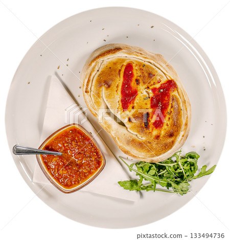 Delicious Pizza Calzone, Italian Pizza Tomatoes Fresh Basil Wooden Background 133494736