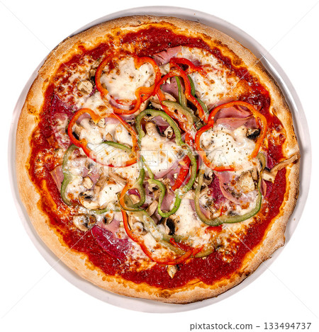 Pizza with quattro staggioni, mozzarella and tomato sauce. Pizza wooden table 133494737