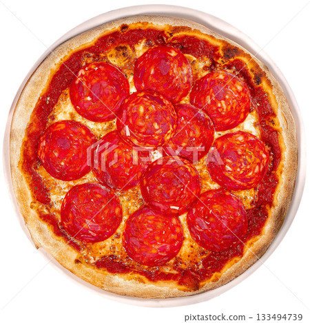 pepperoni pizza on wooden background. Top view of pepperoni pizza. 133494739