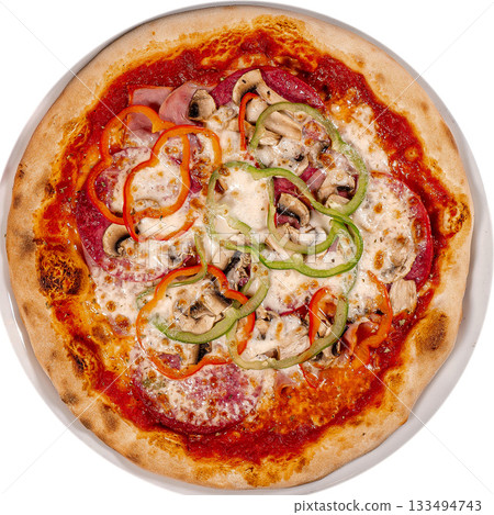 Pizza with quattro staggioni, mozzarella and tomato sauce. Pizza wooden table 133494743