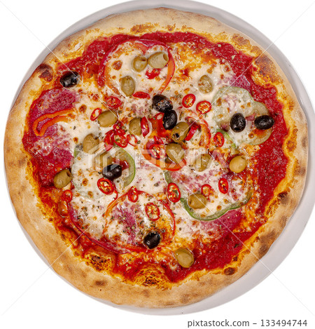 Pizza Diablo Diavolo hot chili peppers on a wooden background top view. Pizza Diablo Diavolo hot chili peppers on a wooden background top view. 133494744