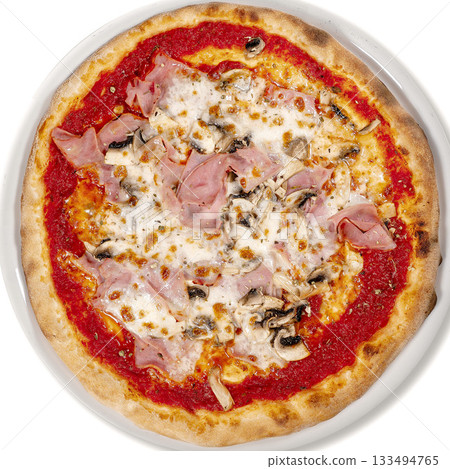 Pizza capricciosa with cooked ham, mozzarella on wooden table Pizza capricciosa with cooked ham, mozzarella on wooden table 133494765