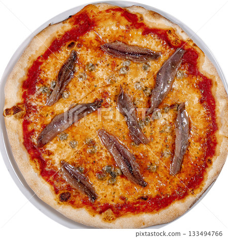 neapolitan pizza with tomatoes anchovies capers close up wooden table 133494766