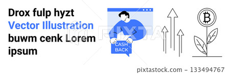 Male figure holding a cashback sign, growth arrows, Bitcoin logo with plant growth. Ideal for finance, investment, cryptocurrency, e-commerce, marketing, business strategy, online promotions. Landing 133494767