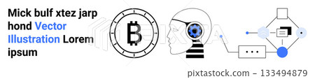 Bitcoin symbol, human head with gears, and scientific flask with nodes. Ideal for blockchain, AI, human interaction, technology, molecular research, scientific analysis, cryptocurrency. Landing page Bitcoin symbol, human head with gears, and scientific flask with nodes. Ideal for blockchain, AI, human interaction, technology, molecular research, scientific analysis, cryptocurrency. Landing page 133494879