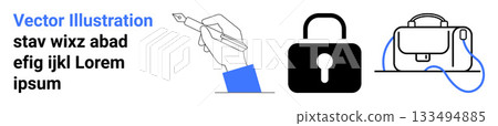 Hand holding a pen, black lock, and a bag with a strap. Ideal for design, writing tools, security, privacy, personal belongings, travel, education. Landing page Hand holding a pen, black lock, and a bag with a strap. Ideal for design, writing tools, security, privacy, personal belongings, travel, education. Landing page 133494885