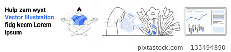 Calm person in meditation, hand watering flowers, digital data analytics dashboard. Ideal for wellness, gardening, productivity, mindfulness, health, analytics, tech blogs. Landing page 133494890