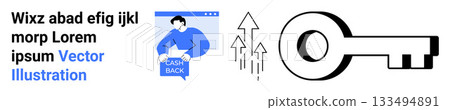 Person holding Cash Back label within browser window, upward arrows, black key symbol, placeholder text Ideal for finance websites, security themes, promotions, blog posts, online ads, educational Person holding Cash Back label within browser window, upward arrows, black key symbol, placeholder text Ideal for finance websites, security themes, promotions, blog posts, online ads, educational 133494891