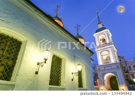 Trinity Church in the sheets on the streets Sretenka, night, with the super moon. Moscow, Russia 133494942