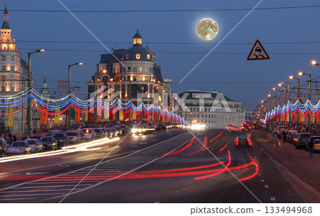 Victory Day decoration of the bridge near the Red Square (with the super moon), Moscow, Russia 133494968