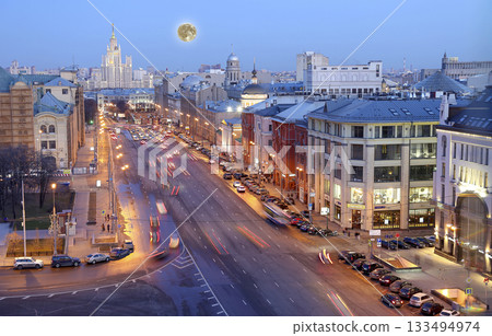 Night view with the super moon of the Moscow from a high point (an observation deck on the building of the Central Children's Store), Russia Night view with the super moon of the Moscow from a high point (an observation deck on the building of the Central Children's Store), Russia 133494974